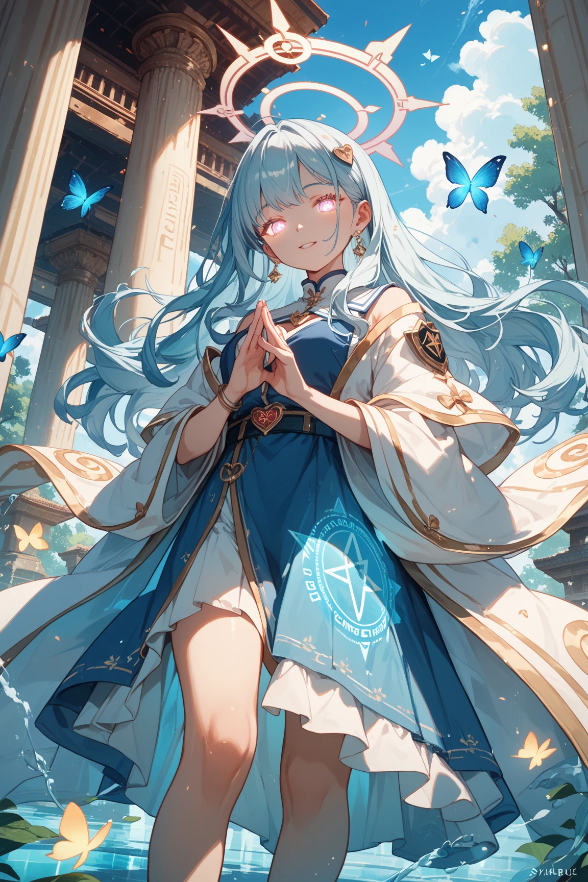 The image is a breathtaking illustration of a graceful young girl, adorned in an ethereal white dress, accentuated by a delicate purple bow and an enchanting blue-purple sash that cascades down her waist. Her lovely countenance radiates pure joy, as her eyes are closed in blissful contentment. In a mesmerizing dance of nature, five dainty yellow butterflies gracefully flutter around her, their delicate wings leaving a trail of ethereal beauty in their wake. Three of these enchanting creatures grace the left side of the image, while the other two grace the right, creating a harmonious balance. The backdrop, a captivating display of artistry, showcases a rich tapestry of colors. A deep and earthy brown hue forms the base