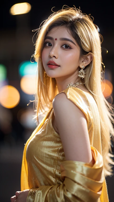 (((desi girl))), chubby face, natural skin, wearing hot deep neck top and dupatta, charming black hair, ((hair ends are blonde)), city streets background, bokeh