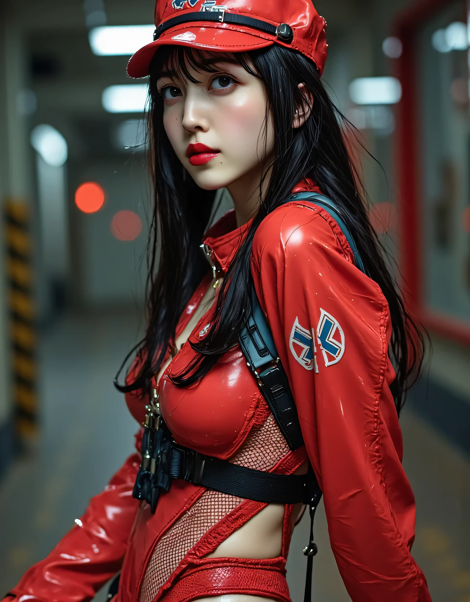 (Wearing special force soldier), Very cute and baby-like face, Power puff girl, Naked, Angry pose, Angry face, (((BROWN LONG HAIR MALAY GIRL))), masutepiece, High quality, UHD 45K, Realistic face, Realistic skin feeling , A Japanese Lady, , , Very cute and baby-like face, (((FLAT CHEST))), ((VISIBLE CLEAVAGE)), (MATRIX WORLD), ((look In front at the camera and SADNESS)), ((RED BLACK MECHA MILITERY SUIT)), ((DETAILS SPECIAL FORCE COSTUME)) capture in ultra high resolution with photorealistic and beautiful lighting. (((CUTE GIRL))), ((RED LIPS)), ((BRA AND PANTIES)), ((CHUBBY)), ((BLACK HARNESS, MAGAZINE BELT)), modern equipment. Malay girl armed with red black Special force Crest, Mechanical part, confident smile, girl in the middle of the TOKYO cyberpunk.