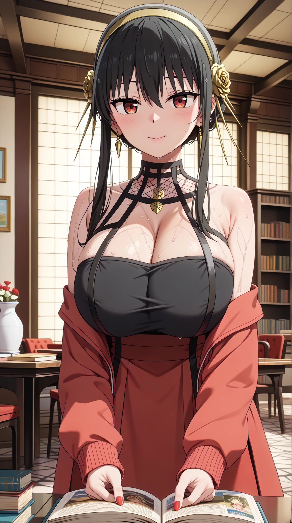 olet, A mature woman, through bangs, side locks, red eyes, black hair color hair, hair adornments, Huge cleavage,sporty attire, (the face:1.2), female student, ssmile,exposed bare shoulders, black hair color hair, Sakura NS, LOP, (robe:1.21), 鎖骨, Willow branches, (Masterpieces of the highest quality :1.2),