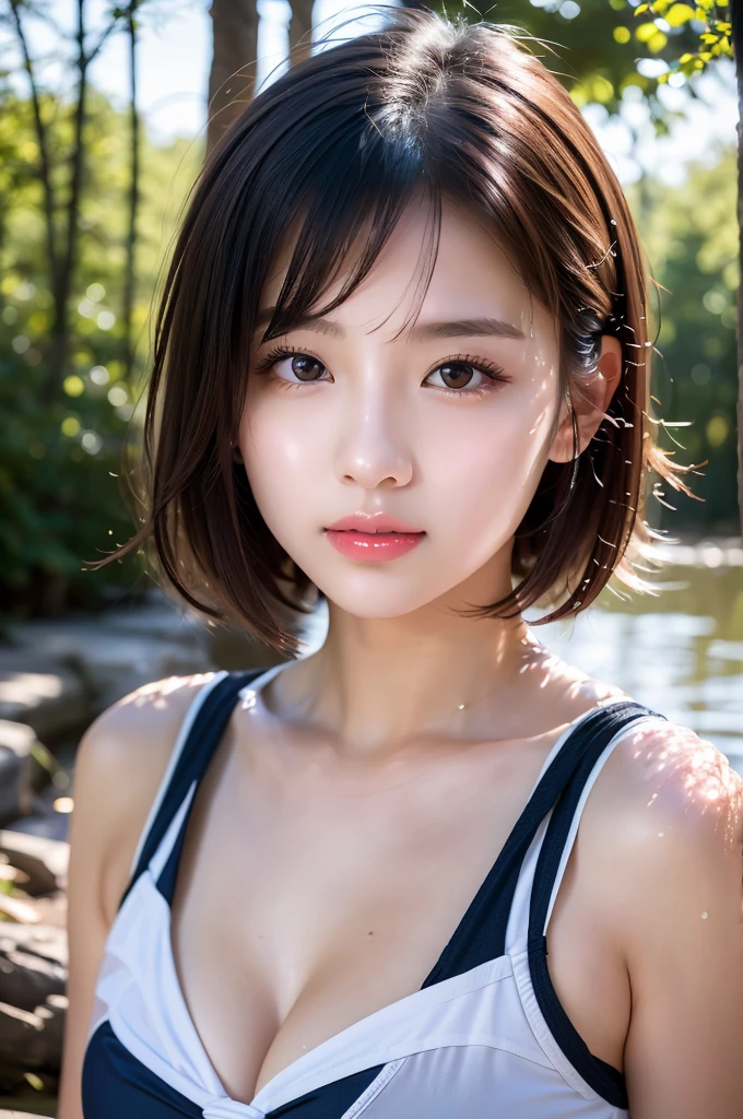 Cute 21 years old Japan、Resort、Beach、The bikini、CuteThe bikini、Super Detail Face、Eye of Detail、double eyelid、beautiful thin nose、sharp focus:1.2、prety woman:1.4、(light brown hair,short cut hair, White skin、top-quality、Luminescence、masterpiece、超A high resolution、(Photorealsitic:1.4)、Blue swimsuit