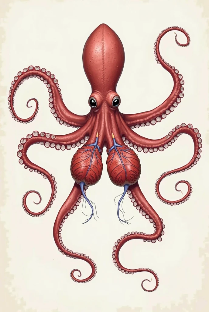 Create an image of an octopus with three hearts, showing how blood flows through its body."