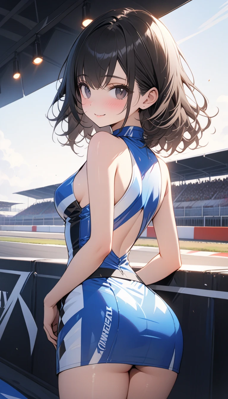 Ultra-high resolution, 1 Girl, 18-year-old, (Idol:1.4), (Famous actress :1.4), (Beautifully detailed face:1), bangs, (Multicolored floating hair), Dentate-like changes in the skin, light makeup, (Beautiful bust:1.3), (Glowing Skin:1.1), Shiny skin, Long limbs, slim, Hanging chest:1.3, Tight waist, Medium Hips, Thin legs, slim太もも, Dynamic Lighting, Sexually suggestive face, Shiny texture, lipstick, V-shaped eyebrows, V-line chin, View your viewers, (Long Hair:1.3), (Perfect Face:1.4), ((Strong winds)), Flowing Hair, audience, (A shy smile:1.3), blue sky, (((Monte Carlo Street Circuit))), (((Racing Car))), (((Racing Bike))), ((Promotional Girl:1.3)), ((Grid Girls:1)), Pink Lip, light makeup, (The promotional costumes, which are carefully crafted down to the last detail,:1.10), Lace-up boots, Short sleeve, Cropped tops, ((Short jacket:1)), (Tube top bra:1), Knee-length, (((たくさんのロゴが入ったナイロンShort sleeveジャケット))), (Logo glitter long nylon pleated skirt), Small Ass, ((Promotional wear with logo:1.3)), (((Shiny blue and metallic gold glitter promotional wear))), Fingerless gloves, Black Hair, Brown Hair, Redhead, blue eyes, (Drops of sweat:1), (Movement angle), walking, audience,