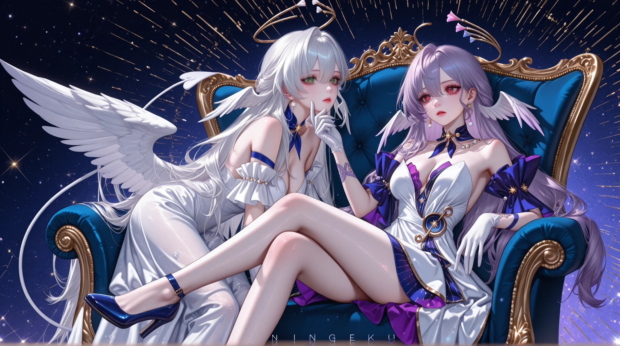 Masterpiece, Best quality, Gold and purple theme, Suzaku fairy, Delicate messy gray hair, Big eyes,Naked breasts,Avenue evolution,mistic,Chinese style,(Breastfeed your child:2),laptop,Play Honor of Kings