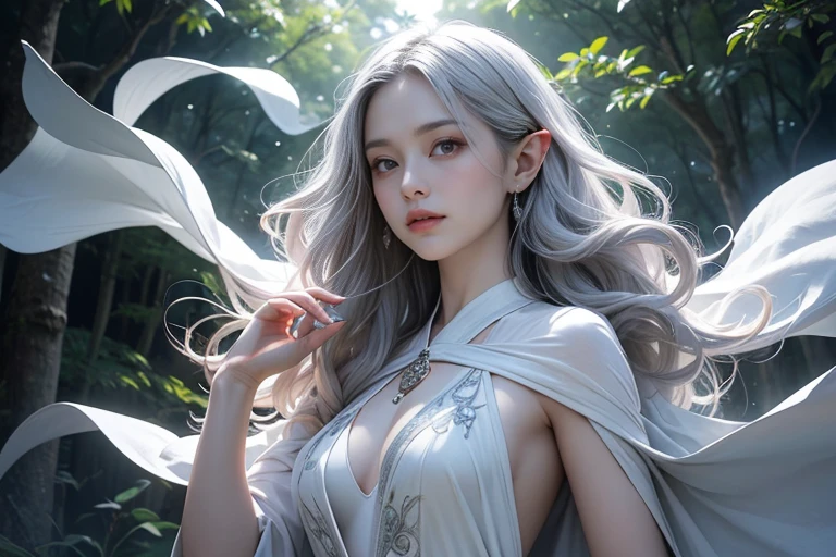 High quality textures, high quality shadows, highly detailed cg, detailed textures, fantastic, realistic faces, detailed skin, realistic, colorful, delicate, cinematic lights, sidelights, lens flares, best Quality, Hi-res, fantasy movie, 1 girl, fluffy hair, gray hair with long green hair, light silk dress, black ivy dress, pink dress, gorgeous jewelry, 1 girl, forest spirit, Blonde hair, silver hair, asymmetrical hair, floating hair, hair between the eyes, hair ornament, bangs, orange eyes, smile, clavicle, gorgeous jewelry, gold bracelet, silver collar, silver earrings, cleavage, medium breasts, Fingerless, colorful, many brown ivy, many trees, forest, fantasy art, detailed digital 2D fantasy art, digital fantasy painting
