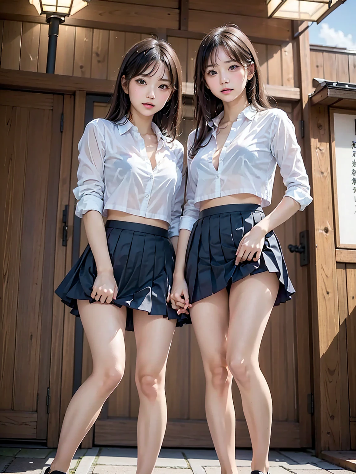 ((masterpiece, highest quality, High resolution, 超High resolution, Perfect Pixel, Depth of written boundary, 4K, RTTX 10.0, High resolution))), (Three adult women:1.3), Beautiful Anime Woman, (baby face, idle face), Beautiful art style, Anime characters, ((Long Hair, bangs, Dark brown hair, ponytail)), ((Beautiful eyelashes)), ((Detailed face, blush:1.2)), ((Smooth texture, Realistic texture, Anime CG Style)), Perfect body, Slender body, Exact finger count、Exact number of legs、Exact number of arms, (blush:1), (Three women are standing with their skirts turned up, Looking Back, The women on either side are standing next to the woman in the center:1.2), ((White stylish shirt, Checkered Skirt:1.2)), Knee-high socks, (Lift up your skirt yourself:1), Realistic, Slender body, highest quality, High resolution, Very detailed face, Perfect lighting, Extremely detailed CG, (Perfect hands, Perfect Anatomy), Embarrassed expression, (Station platform:1.3), whole body, ((Stylish white satin panties:1.2)), (Exquisitely designed luxury underwear for adults, High resolution image of panties), Angle from the rear, Looking Back, ((Tight waist:1.2)), Small beautiful butt、Thin thighs, Beautiful breasts, ((Random Background)), (Detailed legs:1.2, Correct legs:1.3, Beautiful feet:1.3)