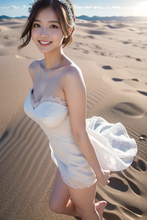 ((8K、​masterpiece、RAW Photos、Live action、best qualtiy、A hyper-realistic：1.2))、(Highest Quality: 1.2)、high-definition RAW color photography、Professional Photography、Beautuful Women、独奏、Detailed eyes and mouth、(large boob:1.2)、(Beautiful Wedding Dresses:1.3)、A charming smile、Narrow waist、Erotic、intricate detailes、(Beautiful ocean behind:1.2)、Beautiful lighting、Detailed mouth、Textured skin、Super Detail、high detailing、High quality、hight resolution、full body Esbian、beautiful hairl、、Fancy lighting、happily laughing、vivid、Her hair and dress flutter beautifully in the wind.、Walking along the sandy beach