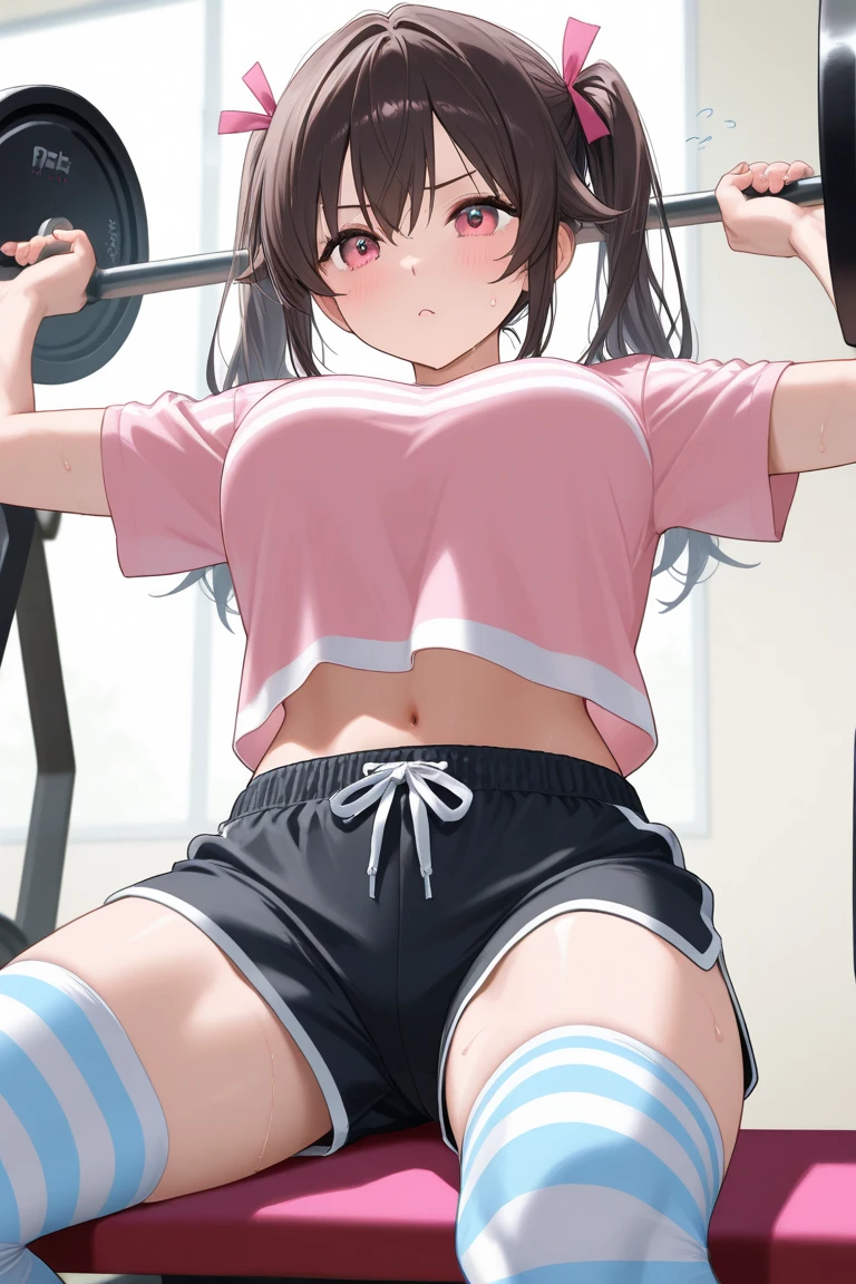 masterpiece,best quality,highres,ultra-detailed,shuutai,long hair,<lora:shuutai:0.6>,gym uniform,red buruma, white shirt, short sleeves, thighs,