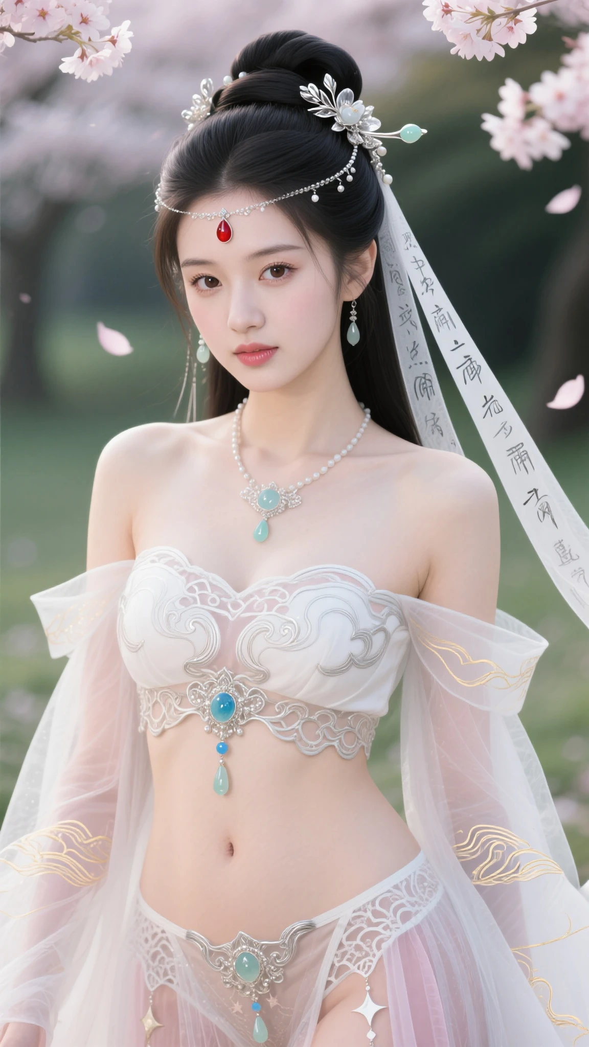 An ancient Chinese beauty, 18 years old, has a pair of bright and charming big eyes, sexy, pure desire, big breasts, snow-white skin, smooth and delicate skin, wearing a phoenix crown and gold ornaments, wearing a blue and white porcelain Hanfu, a tube top, and a fairy spirit Piaopiao, medium and close shot, real, ultra-high definition, 8K, raw, photography