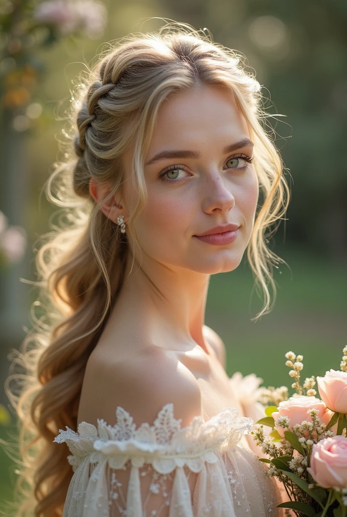 Realistic full body photo of a smiling blonde woman with long hair, Braided hairstyle, She dances in front of the camera in a long A-line wedding dress with straps made of shiny satin., Park,glamour fotoshooting, Wedding celebration, perfect anatomy, perfect blue eyes. Perfect hands with 5 fingers on each hand, Matching girl, look into the camera, 1 Frau. (Eye make up:1.1), (highly detailed skin:1.1), spirit, analog style, keen focus, 8K  UHD, dslr, good quality, Fujifilm XT3, Grain, Award-winning, ​masterpiece. Wedding celebration