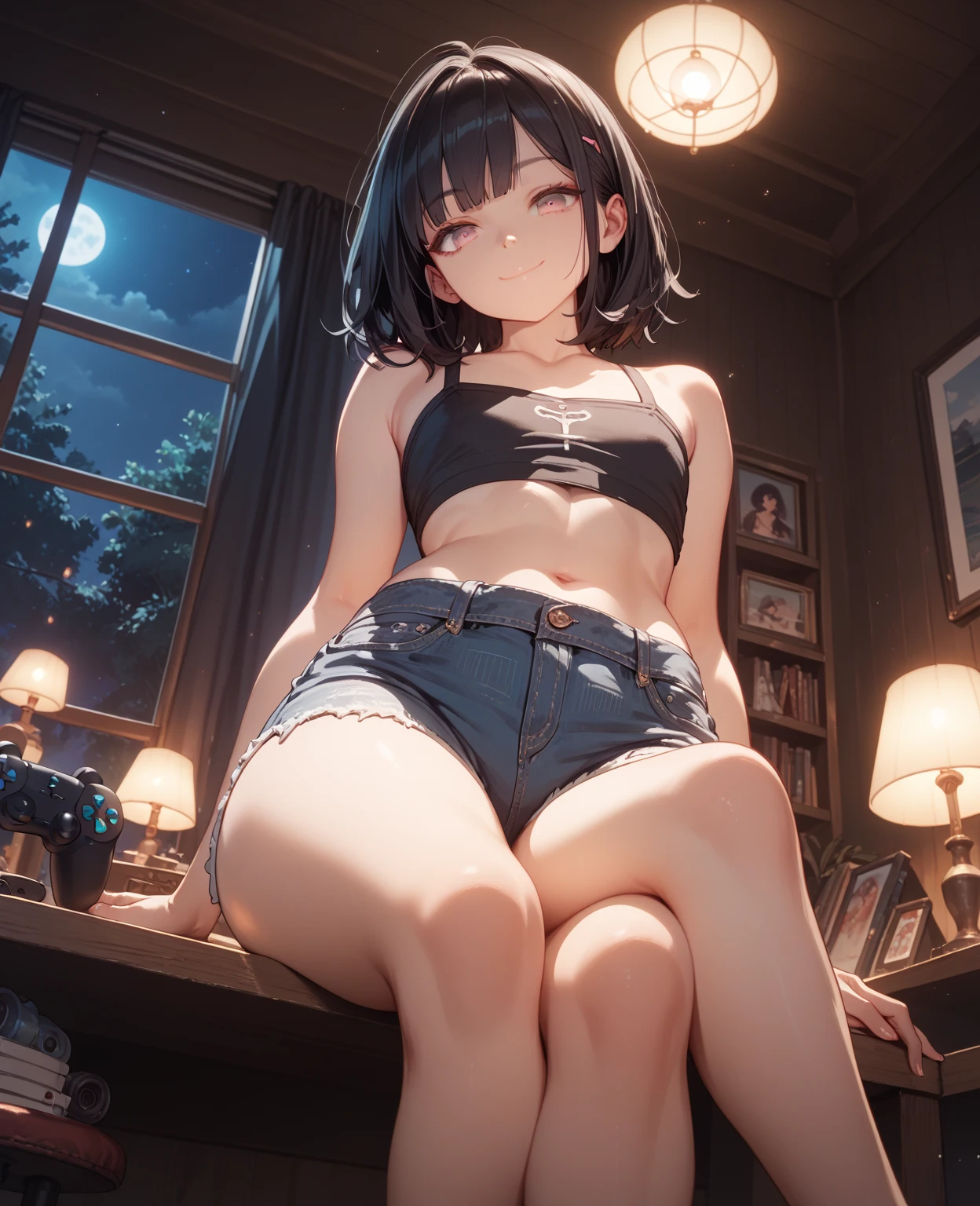 realistic image, coherent image, detailed image, 1 beautiful elf. She has black hair, long hair. Turquoise eyes, long eyelashes. Her face is oval and delicate. her sad face, she is crying. She is wearing a short-sleeved shirt, showing her navel, plaid pleated mini skirt, sneakers, she has a curvy body, medium breasts and thick thighs. She is sitting with her legs raised, showing her thong. thong view, bottom view. Urban background. starry night, raining. natural lighting in front, volumetric lighting