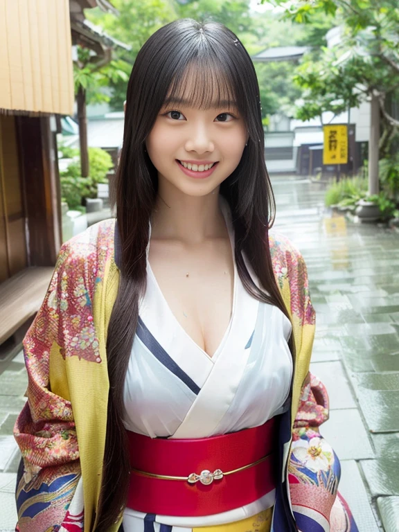 Very cute face like a 16-year-old idol、like々A 20-year-old woman with a cute face、Gentle and cute、A kind smile、(((A cute traditional Japanese long-sleeved yukata)))、(Japanese festivals)、(((Full body portrait)))、(((Her chest is exposed)))、((Cleavage))、((Detailed and careful depiction))、RAW Photos、Genuine、High resolution