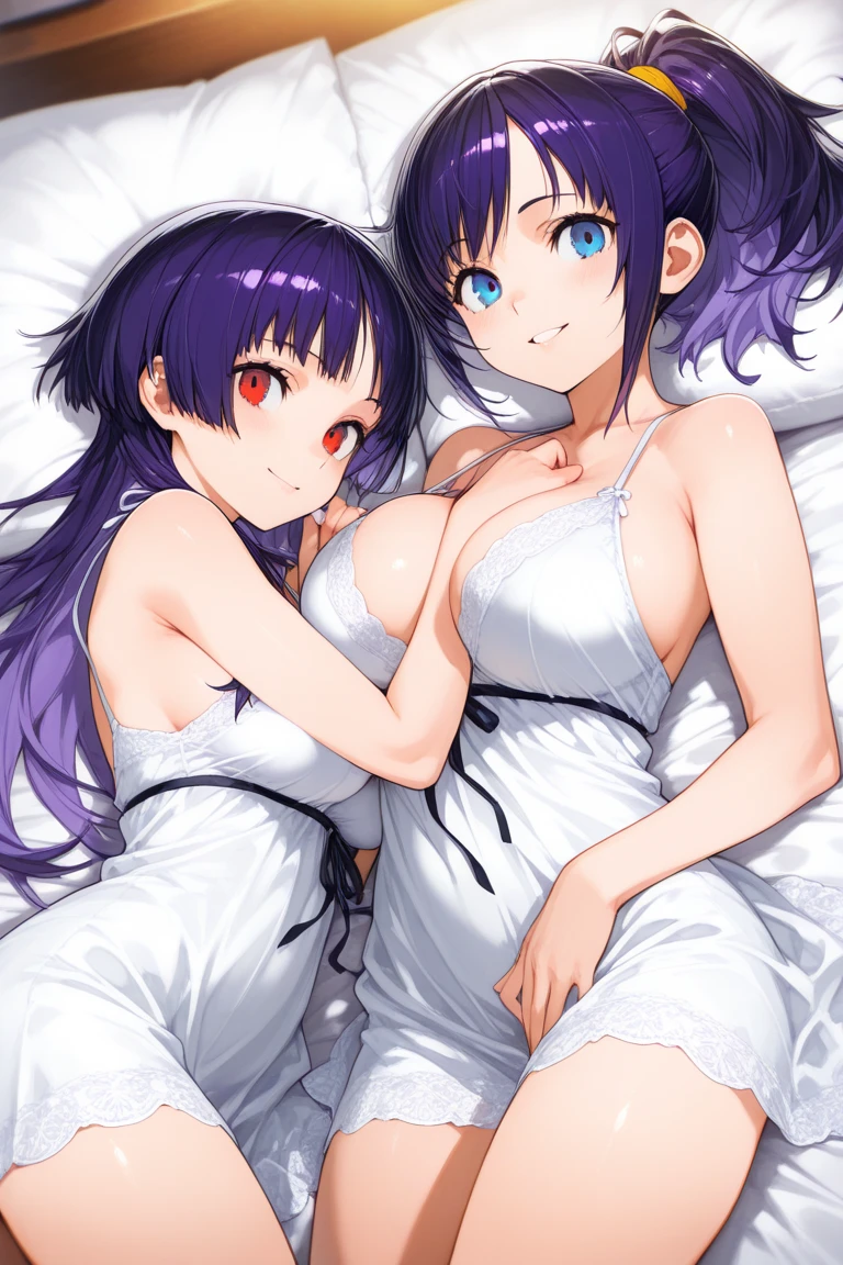 1girl, solo, purple hair, long hair, red eyes, baggy clothes, big breasts, smiling, cute, pretty, bedroom, sitting, on bed, ro_g, full body, good hands,Pregnant, huge breasts