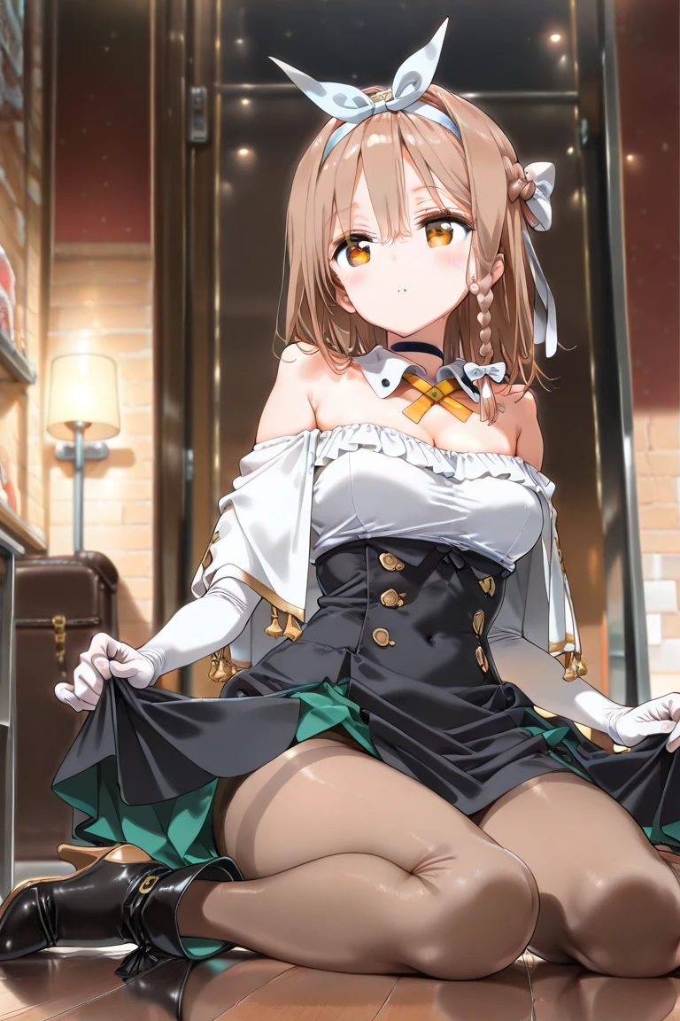 irohaisshiki, iroha isshiki, long hair, brown hair, (brown eyes:1.5), Raise your right hand above your head before taking a selfie,With his left hand, he spreads the collar of his shirt and shows his cleavage.,Smile, smile, open your mouth,short braided hair,ponytail,blush,smile,Maid clothes,Medium chest,she was wearing a miniskirt, black pantyhose, sitting cross-legged on a chair,So that the whole body goes into the illustration,
break indoors, coffee shop,
break looking at viewer,
break (masterpiece:1.2), highest quality, High resolution, unity 8k wallpaper, (shape:0.8), (fine and beautiful eyes:1.6), highly detailed face, perfect lighting, Very detailed CG, (perfect hands, perfect anatomy),