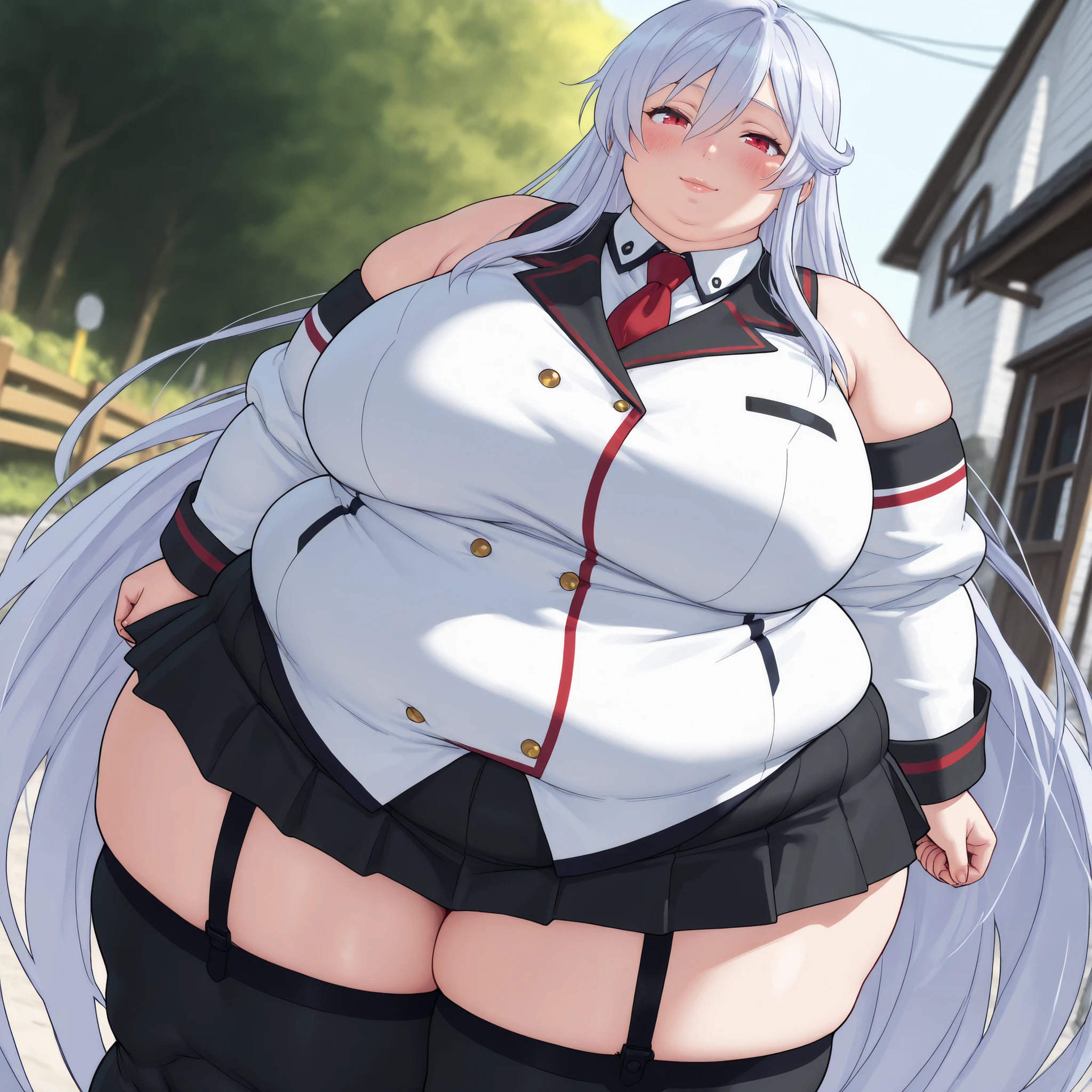 red eyes, accelerator (toaru majutsu no index), white hair, shirt, girl:1.3, massive breasts, wide hips, outdoors, lake, upper body, torn clothes, massive hips