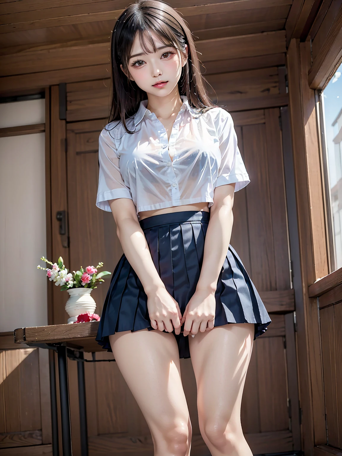 NSFW、korean、Wearing a high school uniform、Impossibly short skirt、Very very cute face、(PupilsYDark blue micro mini pleated skirt on shirt、Underwear under clothes、see-through Bra in white、White sheer panties)、fascination pose、lying on one's side、Legs wide open、((The skirt is flipped up and the panties are visible:1.2,)),mekosji, ((top-quality,8K,masterpiece:1.3,)),Crisp focus:1.2,Cute woman with perfect body shape:1.4,The best smile,Young Face、You can see the double teeth、Light Brown Medium Bob Hair、A slender,abdominals:1.2,Cameltoe,Show off see-through panties with both legs open,(NSFW:1.5),toppless,Female masturbation,half-squat