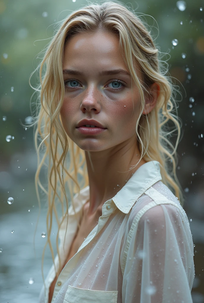 A woman with long blond hair in the rain