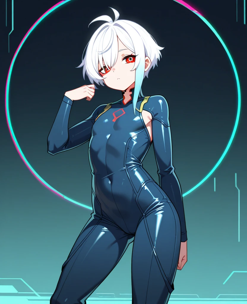 (very good, Professional, Surreal), She is wearing a black bodysuit, The suit has blue energy lines, Silver Hair, ponytail, blue eyes, Simple Background