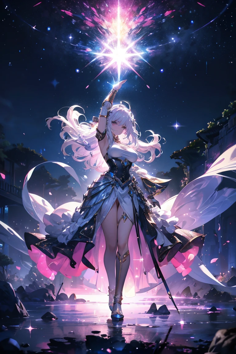 Alice (in wonderland), pretty girl (feminine), adolescent, funny body, Scrawny, breastsout, soft and charming look, roupas feminines (long white and flowery dress, bunny ears, sandals, in the forest at night, full moon visible in the background, 8K, best qualityer, realistic anime style, RPG
