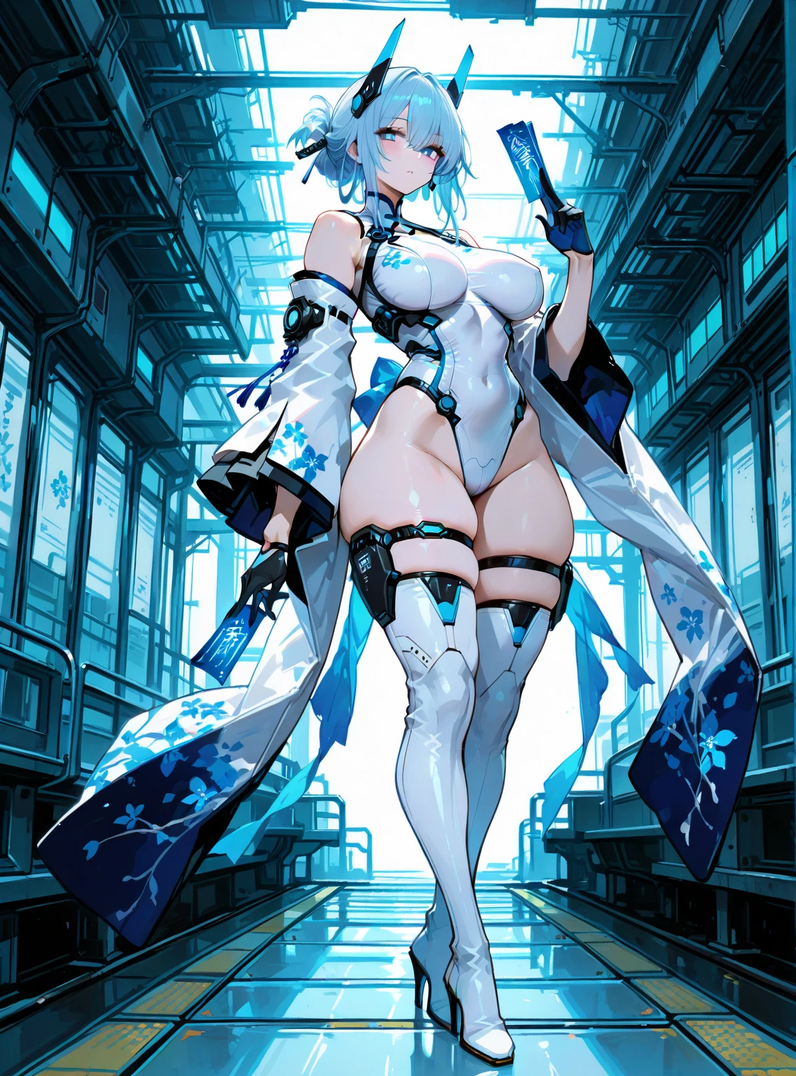 Masterpiece, Best quality, Girls, Slender, Blue eyes, Hair color ash, White skin, ??????????????, Cute, ????, Futuristic, ??????, Overexposed skin, Night, Psychedelic, "Paisley" theme, ?????????, full body