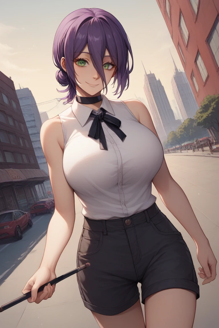 best quality, masterpiece, 1girl, (mature), (solo:1.1), raytracing, ultra detailed,detailed face, 8k wallpaper, wide hips, Komi Shuuko, 1girl, purple hair, purple eyes, large breasts, short hair, open clothes, black robe, white shirt, smile, outdoor, hands on hips