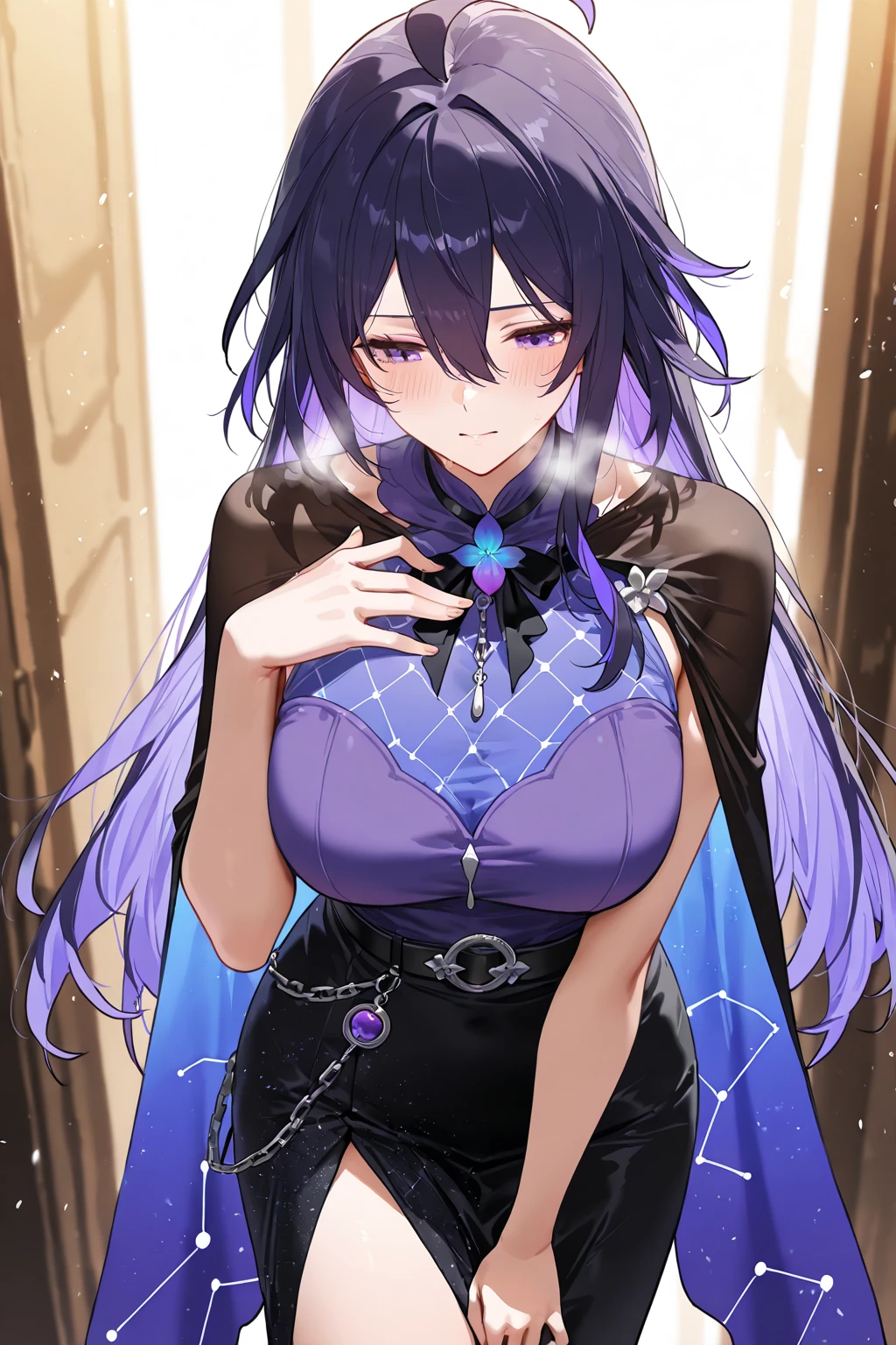 Wearing a tight black cheongsam that is about to burst，blacksilk，F cup dominates a lot of breasts，20-year-old royal sister，Vine purple hair，Purple hair at the waist and a long braid，Flat bangs are neat and soft, But slightly bifurcated from the left forehead，Long hair tied untidy，Long braids over the waist, But a thread was left in the chest，Like a silent expression "It is difficult for the gods to straighten their hair completely"，Vine purple eyes，Black silk burst，quadratic element