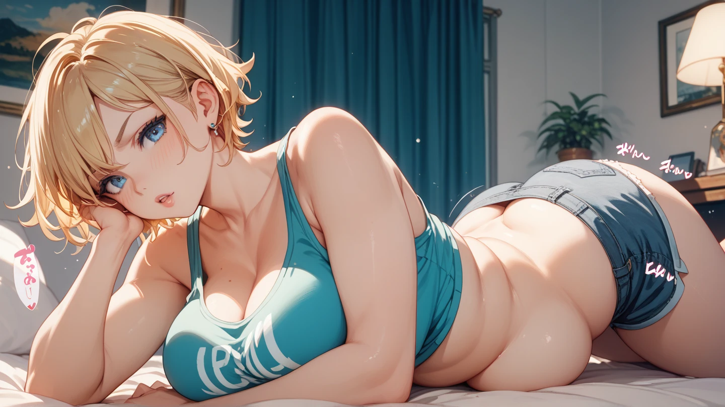 Slender woman, white and transparent skin, Nails on every finger, Nipples are almost visible but not visible,White tank top,tight thong, Nails on all fingers on bare feet, Blonde Hair ,, short hair, Brown eyes,On the bed by the window with sunlight filtering through the trees, Lying down and listening to music with earphones,