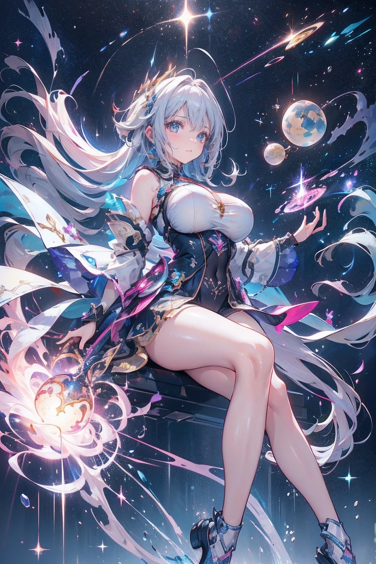 ((Masterpiece)), ((Best Image Quality)), Best Shadow, Very Delicate and Beautiful, Dynamic Angles, Fineness of Detail, Depth of Field, 1girl, ((High Ponytail)), Silver _hair, ((Multicolored Hair: 1.25), (Long Hair: 1.2), (Red Eyes: 1.3), Detailed Hands, Detailed Legs, ((Floating in the Air: 1.3)), (Sexy Pose), (Goddess Dress: 1.5), full body, seductive, (cat ears), light smile, ((in space)), (moonlight), twinkling stars, night, outdoor, starry sky, beautiful, ((black stockings)), angel wings
