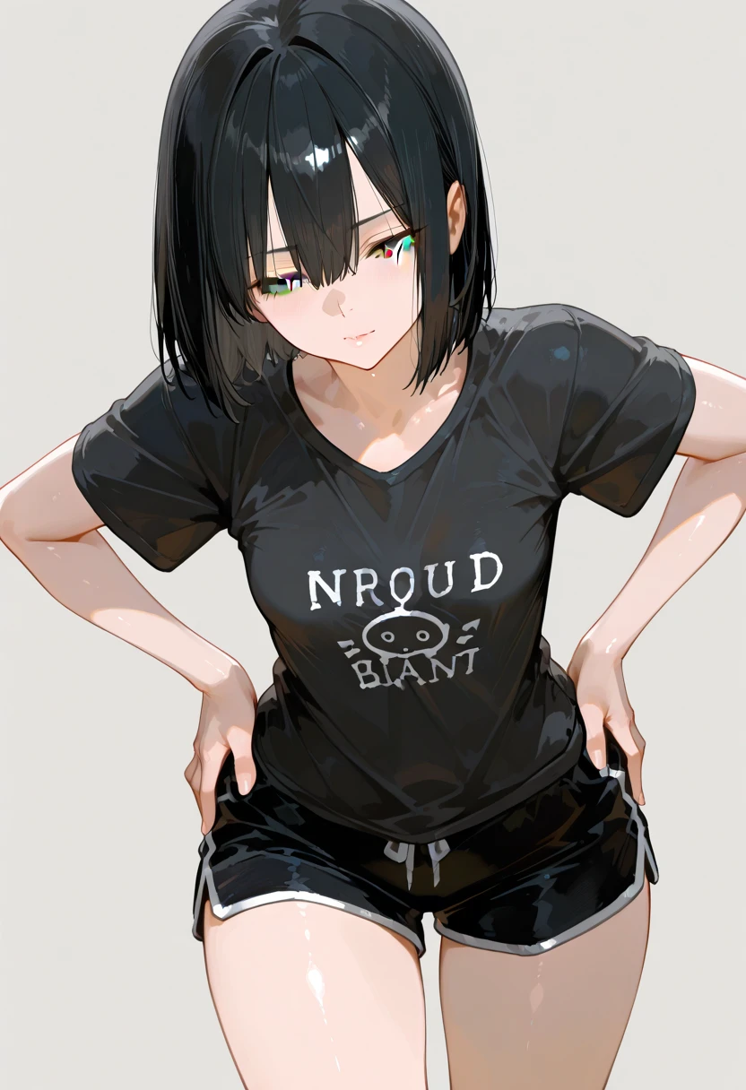 tired face, bag under eyes, green eyes, messy wavy black hair, emo hair, side parted hair, hair over one eye, shoulder length hair, full body, tomboy, masculine clothes, black cargo pants, baggy t-shirt, flat chested, androgynous, fat, shy