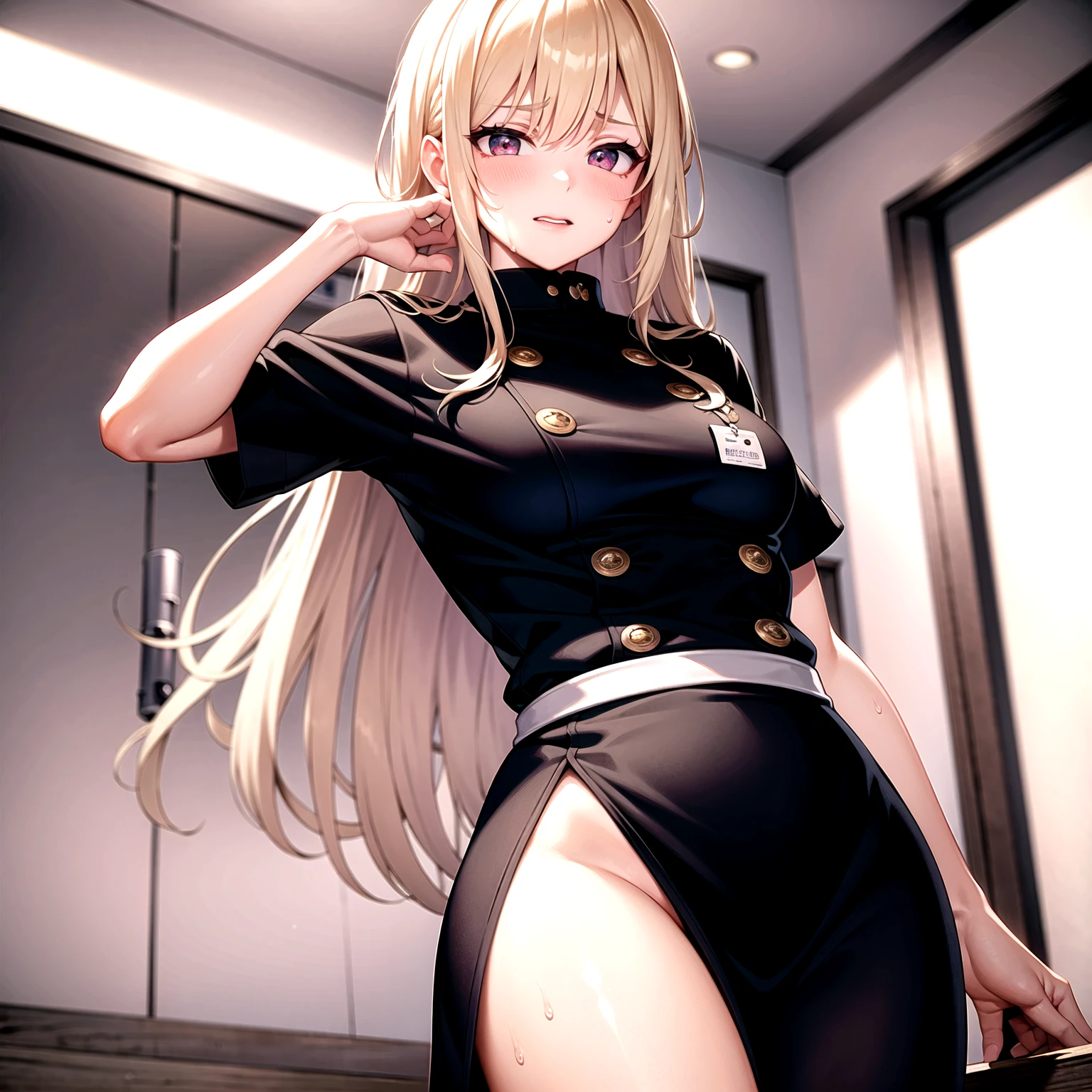 High Resolution, Top Quality, Slender High School Girl, Gold School Swimsuit, No Blushing, Club Room