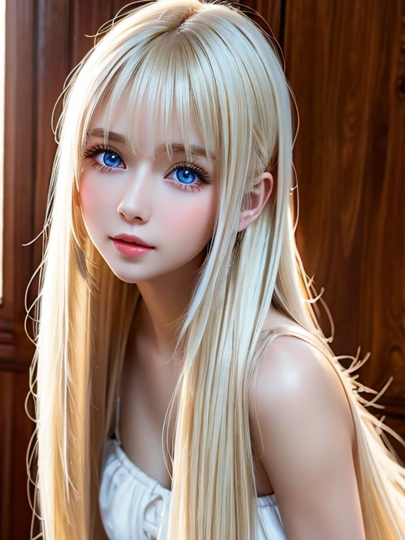 White shiny skin、Blonde hair color that changes with light、Long bangs obstruct the view、Glossy highlight on cheeks、The most beautiful face in the world、Super long gorgeous blonde hair、Smooth straight hair、Ample Bust、Big, bright, light blue eyes that shine beautifully、Beautiful bangs、Beautiful cute girl 15 years old、Round face、Small Face Beauty、Cheek highlighter