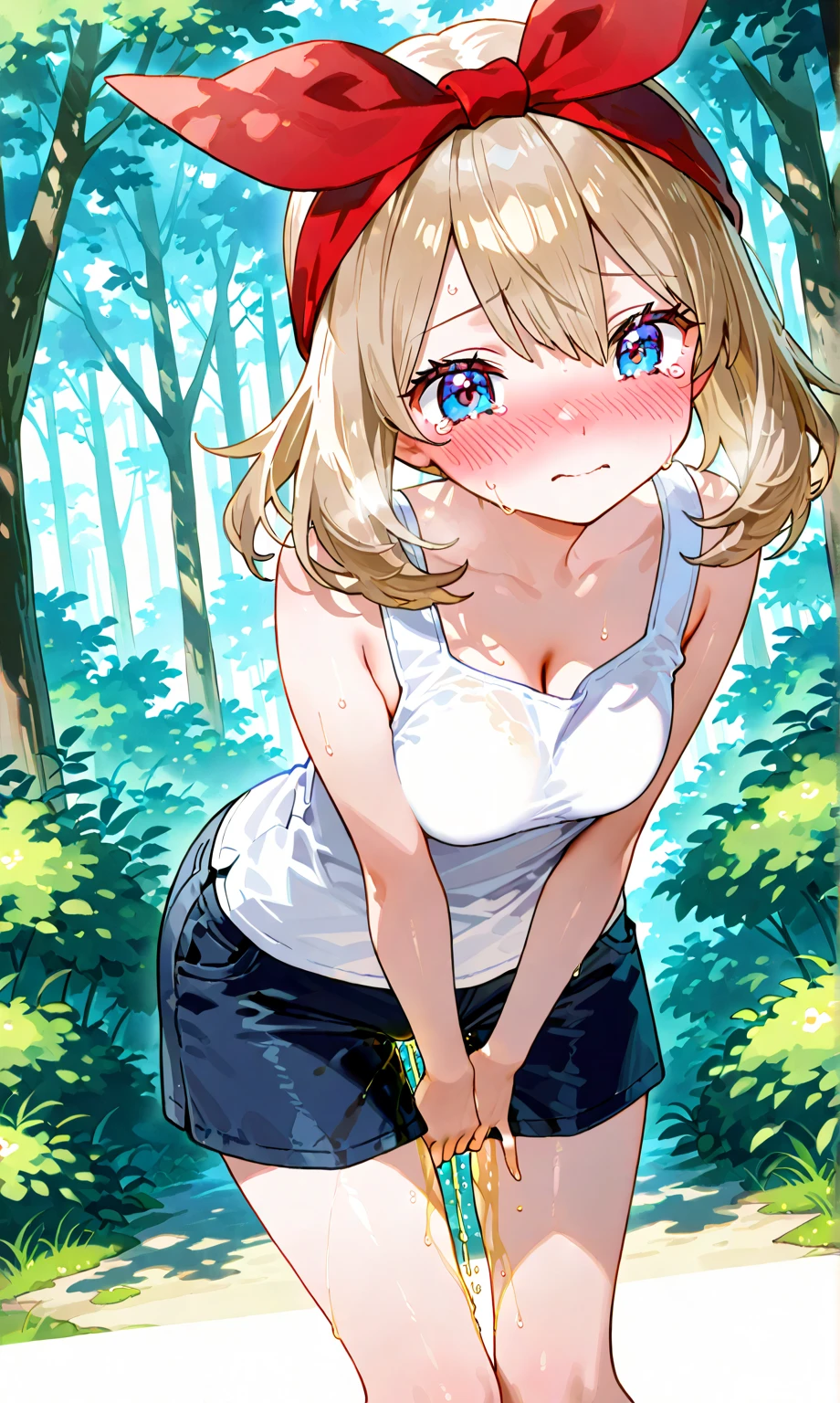 Bratty little sister, brat, bratty, little sister, unkowingly teasing me, sister, young, ???, short skirt, tight panties, tight shirt, outside, backyard, sunlight, trees, open area, blonde, blue eyes, 