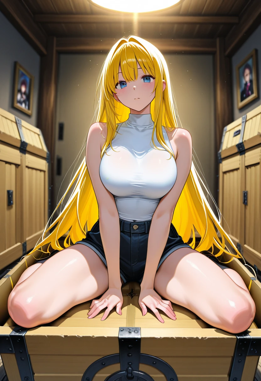 ((adult woman, with very long yellow hair, huge breasts, at the door of the room with her pussy wet with cum lying on the floor naked, facing the viewer, completely naked))),(((with her daughter in front of her with folding arms, with a face of anger))),