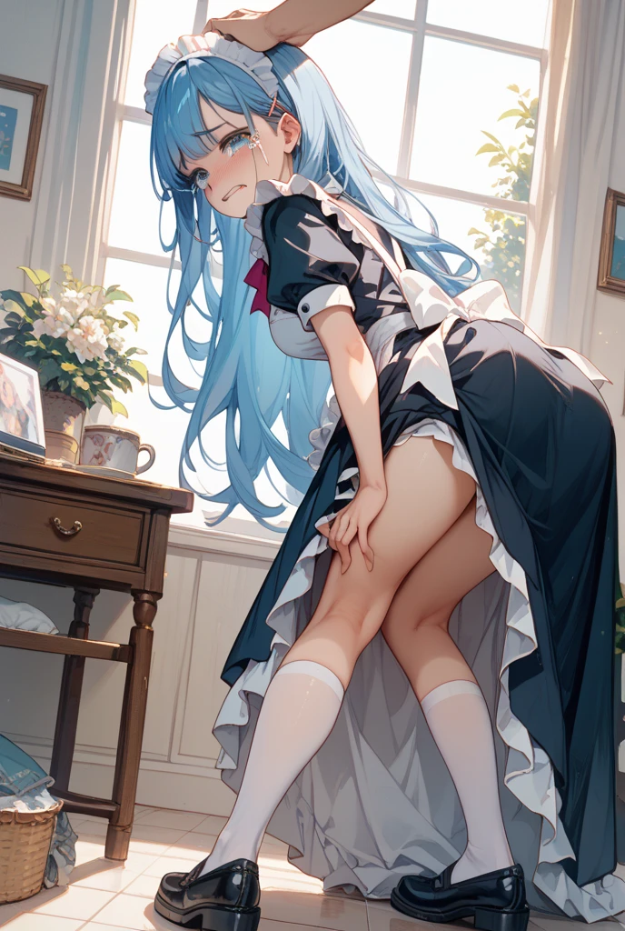 Delicate loli，Long black hair and purple apron, seductive anime girls, Beautiful anime girl kneeling,Hook up with cute feet，  Turn your back to me，beautiful and seductive anime woman, Fine details. Girl front, Guviz, Extremely detailed Artgerm, Guweiz on ArtStation Pixiv, Guweiz in Pixiv ArtStation, from girls frontline，no clothes are worn，transparent panty，Plump and soft，On the sandy beach，She crawled seductively on the ground，((prone))，((lying down))，((Crawling))，Smooth white bare back，Plump ass，