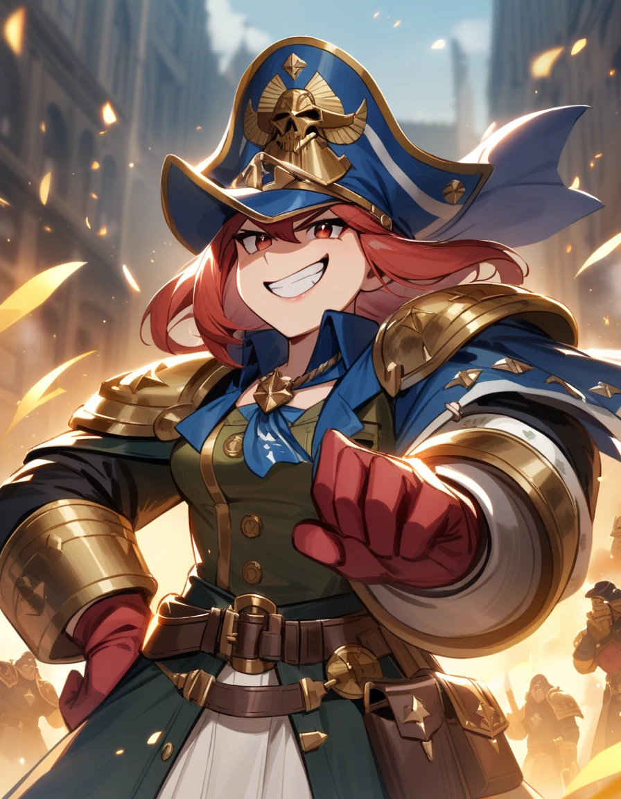 (masterpiece, best quality:1.2), border, chibi, solo, 1girl, MiraKamiunten, smile, looking at viewer, streaked hair, military uniform, military hat, v-shaped eyebrows, white gloves, sarashi, cleavage, purple jacket, red belt, spiked collar, epaulettes, purple pants <lora:style_onmyoji-20:1> <lora:CHAR-MiraKamiuntenV2:0.9>