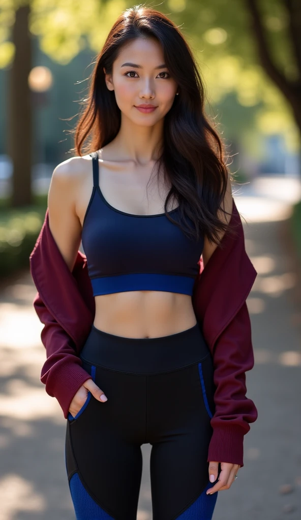 Jessica Henwick, black jacket, blue t-shirt, tight skirt, black leggings.