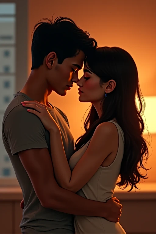 1 man and a woman hugging each other, both 2, Skin color of both is dark brown and the man has moles on his face and short hair and the woman has black hair in a half ponytail