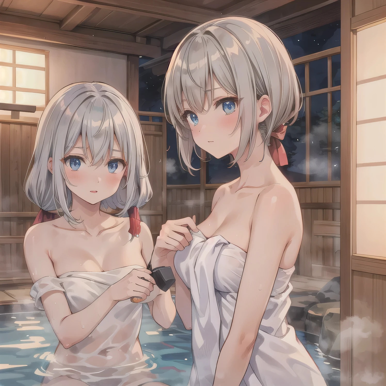 highly quality, the best quality, A masterpice, absurdist, , 1girls, hotsprings, Kale、a towel, wetty, steam、big breasts