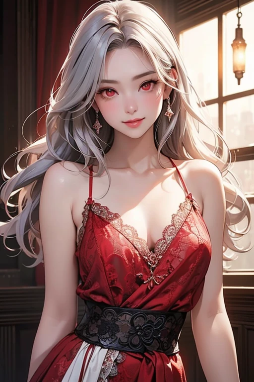 delicate with long gray hair, split in the middle, wavy and with a long red dress at the masquerade ball along with some accessories