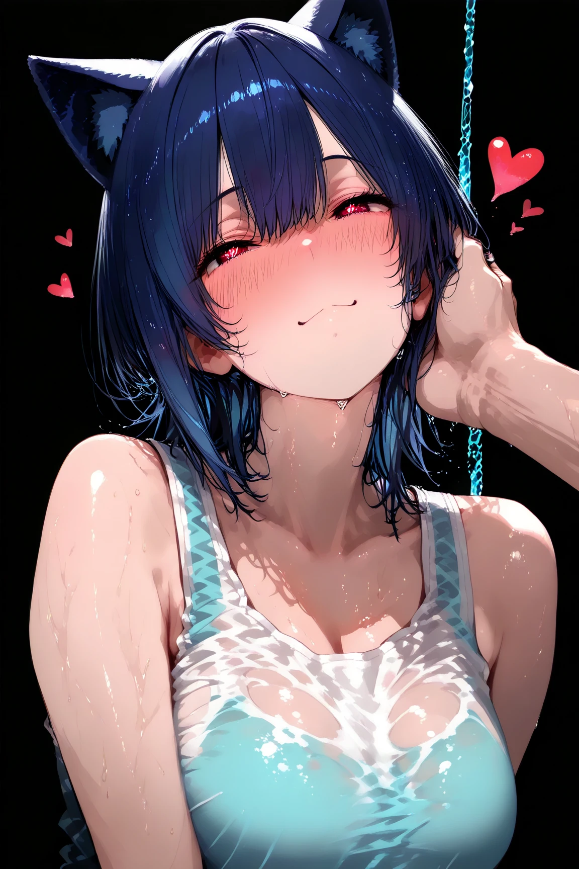 Tazune rirei, nsfw, 8k, ultra-detailed, Masterpiece, best quality, perfect lighting, aqua eyes, black hair, side ponytail, middle chest, (bukkake:1.5), (cum on face:1.5), (cum on hair:1.5), (cum in mouth:1.5), street, night, white bra, cleavage, jeans, sandals, standing on street, portrait, bokeh, blush, embarrassed, open mouth, tongue out, 1girl, solo, ((spoken heart))
