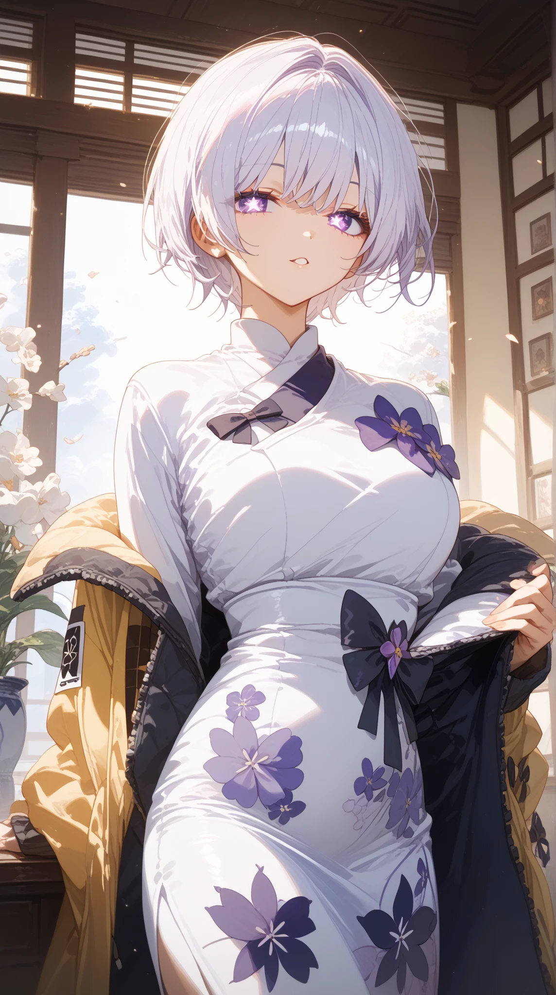 1girl,solo,super detailed skin,shiny skin,natural face ,half open eyes,eyelashes,lips gloss,pale purple hair,blunt bangs,short straight hair,large breasts,floral printed kimono,cowboy shot,hydrangea,garden,masterpiece,best quality,ultra detailed,high resolution,sharp focus,depth of field