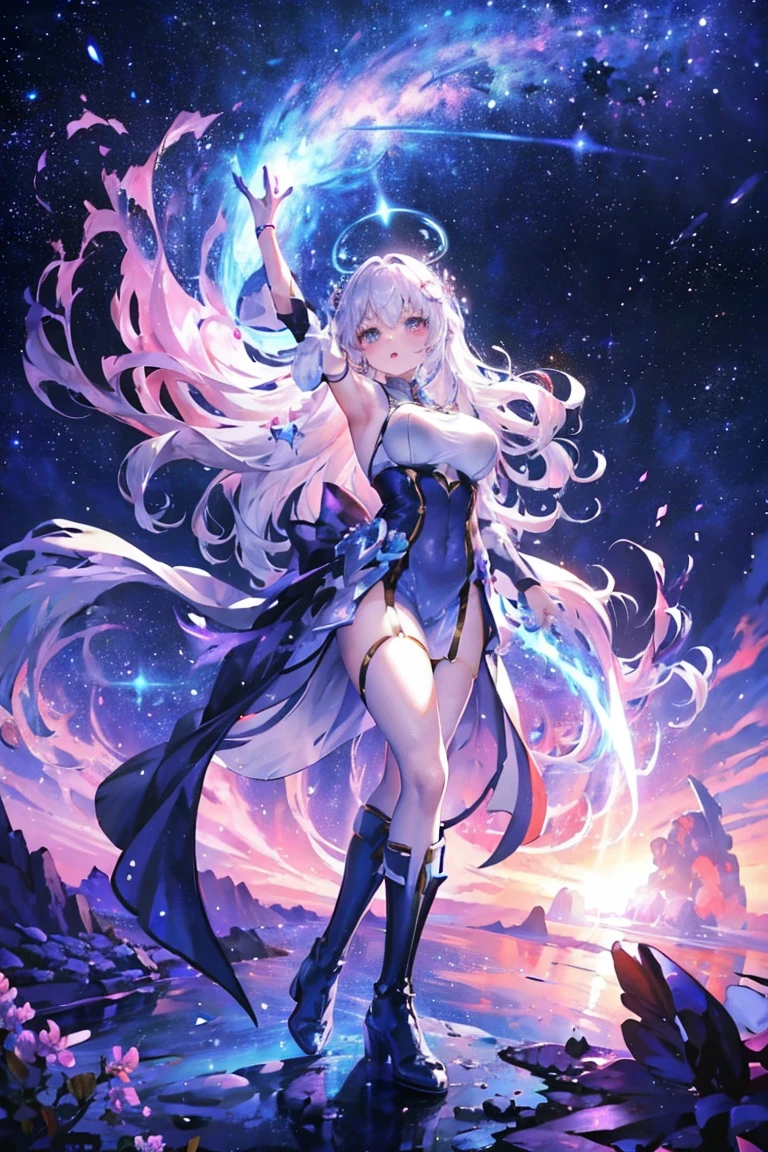 (simple hands:0.5)+(detailed hands:0.7), (masterwork), (best quality), white hair, red eyes,1girl, pale skin, white hair, red eyes, two tone hair, eyelashes, bracelet, jewelry, smile, gleaming skin, shiny hair, detailed and majestic stage, Fantasy, Long Hair, 1 girl, two-tone hair, night sky, Incredibly detailed CG illustration masterpiece, looking at you, anime, beautiful anime eyes, beautiful detailed eyes, eyes, glittering eyes, red eyes, galaxy, nebula, (full body), (curvy), POV, wet neckline, (thick thighs), 4k hd, ultra realistic, perfect body, perfect lips, perfect nose, perfect eyes, Nice belly detailed, see through clothes, legs open, looking at the viewer, dress, elegant dress, Soft Dress, Long dress, --auto