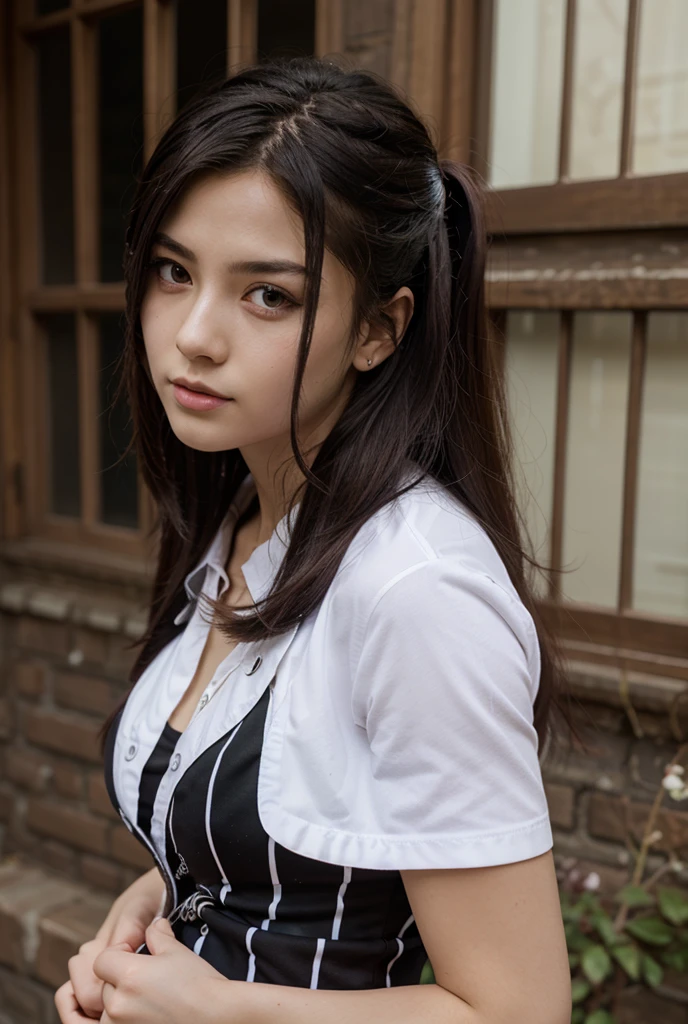 masterpiece, Highest quality,, Sakura Bakushin ○ (umamusume),, (cl○se-up:1.2), rain, cl○ud, cl○udy, shad○w,, seri○us, Raise the hand, Underarm, cl○sed m○uth, m○uth h○ld,, Epaulettes, black gl○ves, No sleeve, yell○w neckerchief, shirt, Tying up hair,