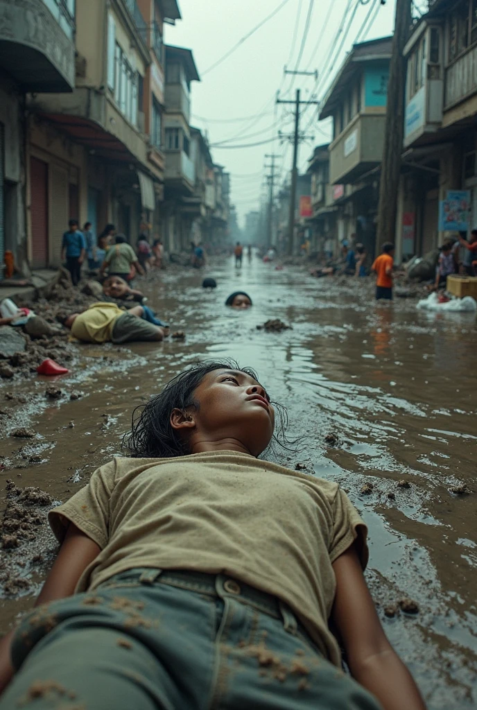 In the post-flood devastation, em uma cidade do Brasil, a brave boy emerges from the water, wrapped in the country's flag: a symbol of hope in the face of adversity. Descreva como ela se agarra a essa bandeira, com metade do seu corpo submerso, enfrentando o desafio da enchente. melhor qualidade imagem muito realista