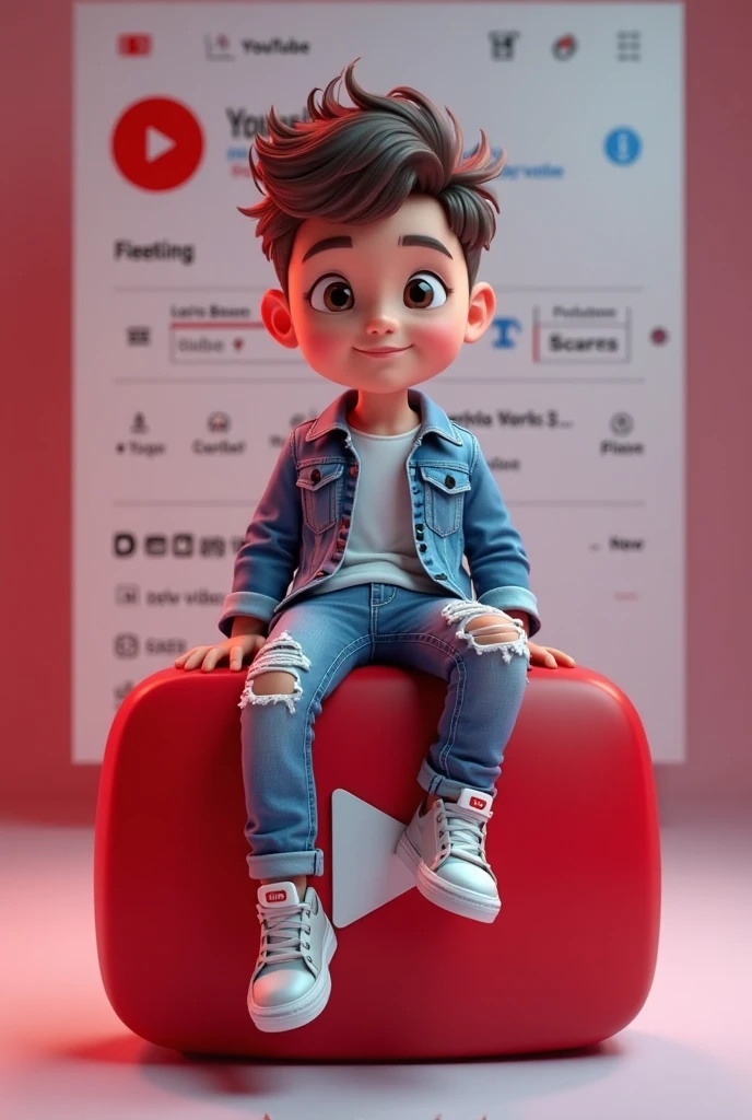 Create a 3D illustration of an animated character casually sitting on top of the social media logo "YouTube ".  The character should wear casual, modern clothing such as a jeans jacket and sneakers.  The background image is a social media profile page with the username "UR Real Life" and a profile picture that matches.

 