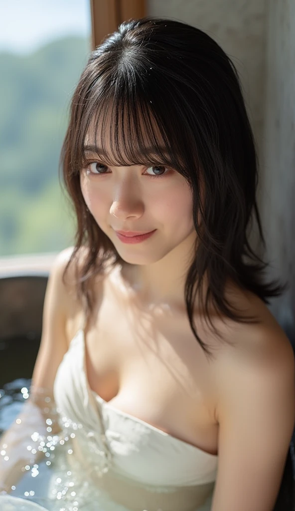 Highest quality, 8K, Tabletop, Realistic, Realistic, , (窓からはLate Nightの大都会の夜景、Ample breasts:1.2), Big Breasts, , , Abundant hips, Detailed face, Beautiful Face, , Beautiful woman,((Gray detailed eyes、Translucent skin texture、A shy smile、Fluffy hair、Light Brown Hair、Big city view from the window、Shaggy Cut、Floating Hair、、Cute Japanese Idols:1.4)). (、short hair、Floating Hair、Parted bangs、Bedroom、Sit on the bed、Place your hands on your feet、Late Night、indirect lighting、Sheer white bra and panties、Ample breasts、Looking into the camera:1.2))