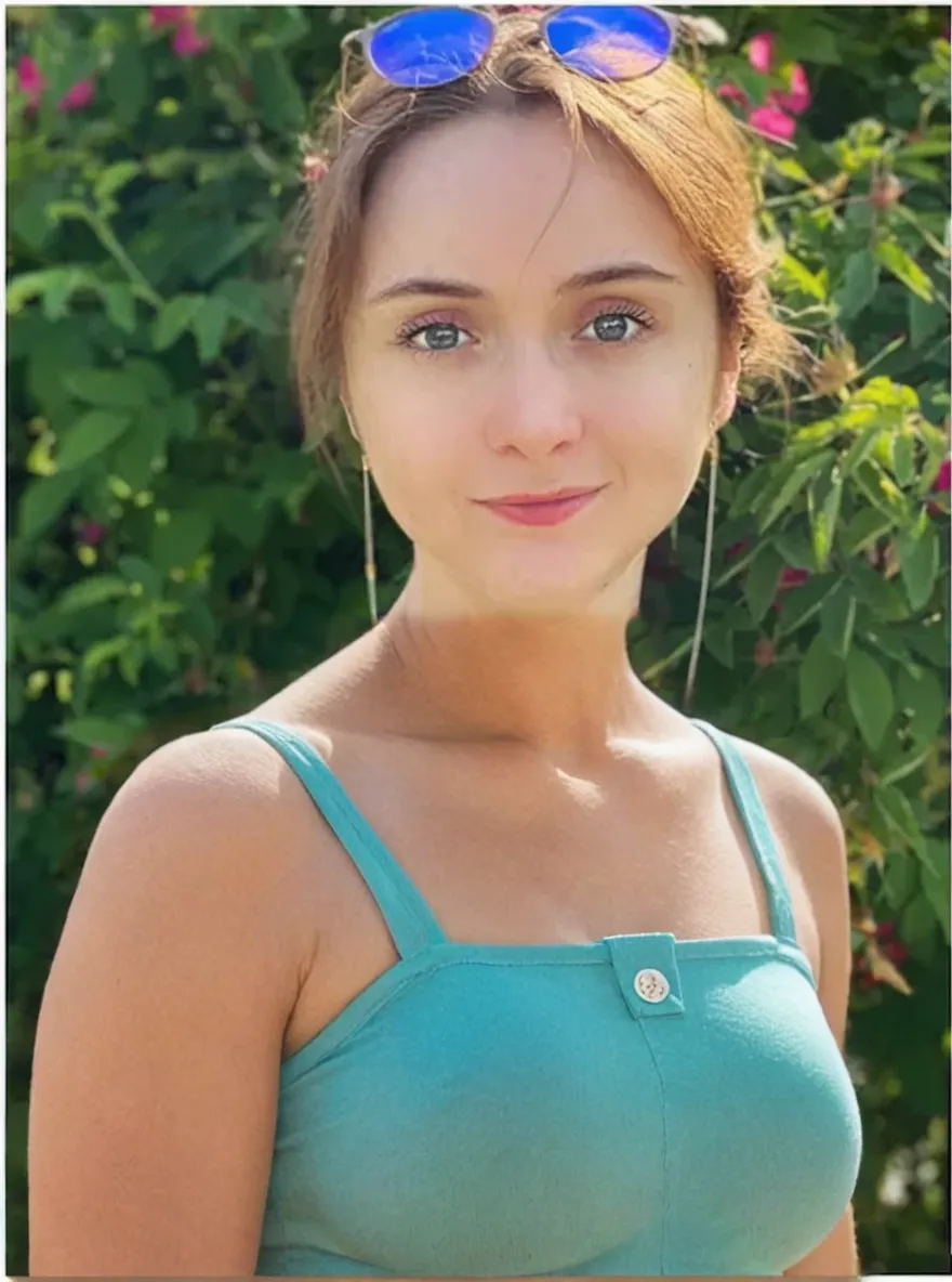 Albanian, girl, brown hair, blue eyes, short green vest, Ibiza, sun gazing, modern apparel, glowing eyes, beautiful skyline, farm, ploughing, agricultural, happiness 