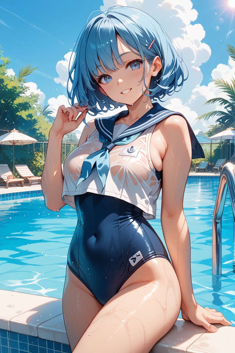 Cornflower art, dreamy, (masterpiece, top quality, perfect anatomy, beautiful face, realistic, super detailed, 1 girl, 18 ears senile, solo, depth of field, canon 24mm lens, f1.4, cute_girl, sailor_ collar, clear facial features, short sleeves, small breasts, slender height, height 170, barefoot, double ponytail, bangs, gravure pose, outdoor, jungle, Blurred background, (Uwabaki: 1.1576)) whole body, clear liquid dripping from the crotch, the front of the shirt is exposed, breasts are visible, transparent bra, light blue striped buns, erotic, , NSFW movie,