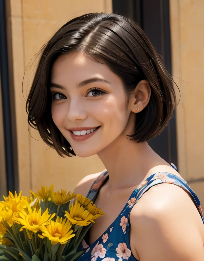 391 ((young woman)),(short hair),(floral dress),(archic smile)