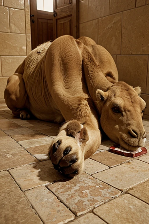 ((((hyena, feral)))), indoors, masterpiece, high quality, realistic, detailed background, ((((rear view, lying on belly, pseudo-penis, anal feces, anal masturbation, urine)))